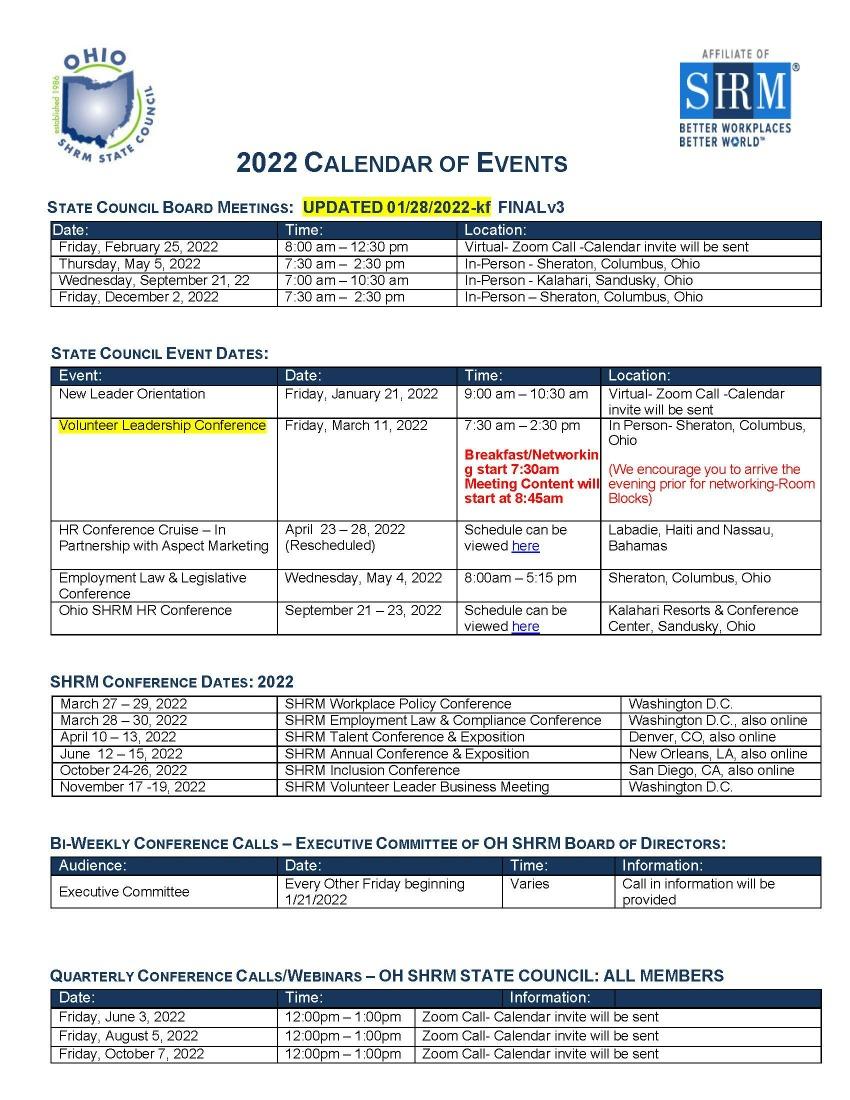 Ohio SHRM Calendar